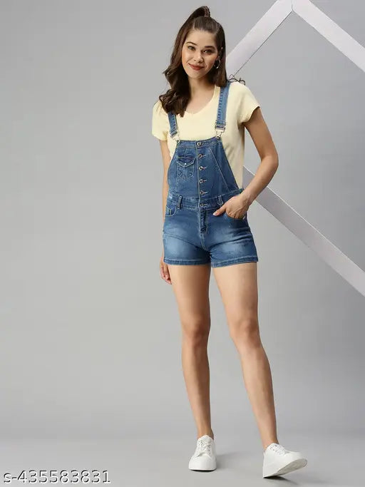 SHOWOFF Women's Solid Blue Denim Dungaree