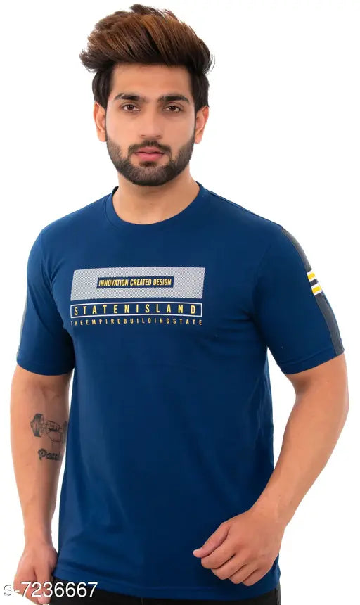 Men's Navy Blue Printed Cotton Short Sleeves Round Neck T-shirt