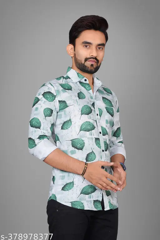 Voroxy Men Regular Fit Printed Spread Collar Casual Shirt - Green