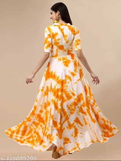 Yellow Pure Rayon Tie-Die Print Gown