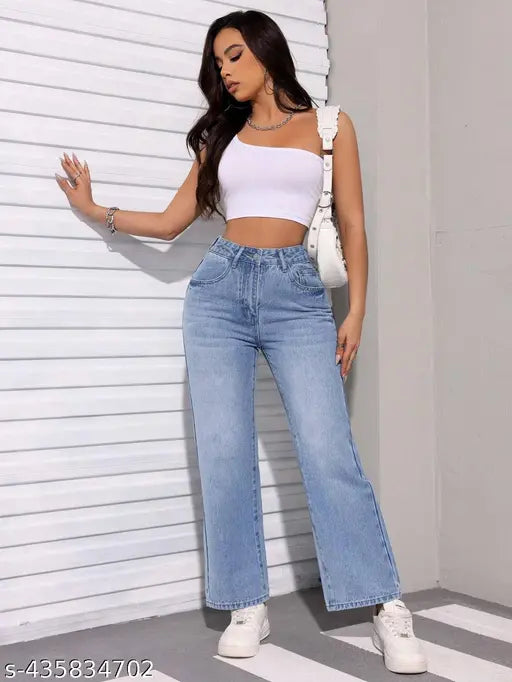 "Wide-Leg Ice Blue Denim Jeans – High Waist, Baggy Fit for Women & Girls"