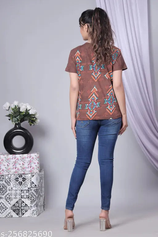 100% COTTON BROWN PRINTED T-SHIRT FOR WOMEN AND GIRLS