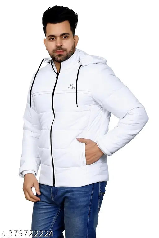 YAQR Men's Solid Olive Color Jackets Men Quilted Jackets Men's Hooded Jacket's White Safed