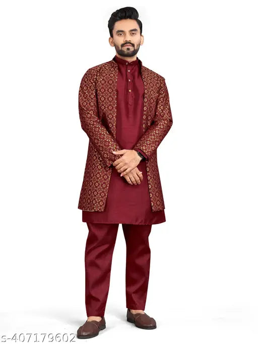 Zarak Fashion Men's Regular Full Sleeve Mandarin Collar Kurta Pajama with Sleeveless Jacket