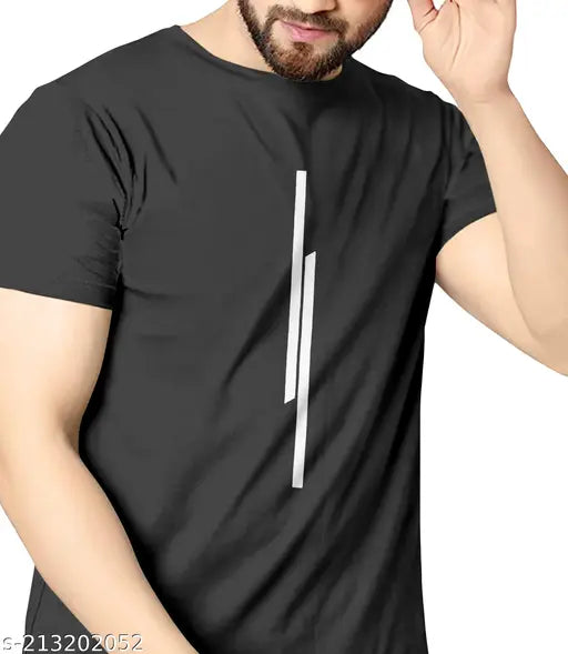 Happy Khajana Men's Vertical Stripes Round Black Tshirts