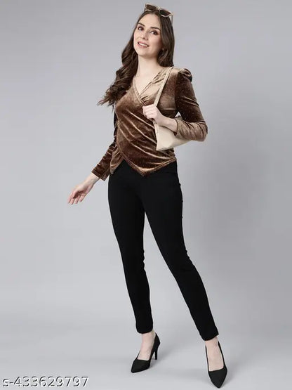 SHOWOFF Women's Solid V-Neck Brown Regular Top