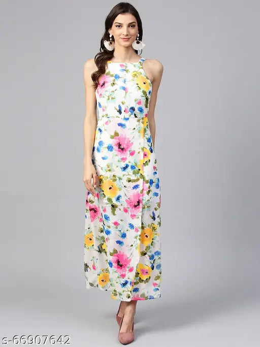 Zima Leto Women's White Floral Strappy Incut Maxi Dress