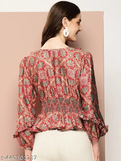 Casual Puff Sleeves Floral Print Women Red Top