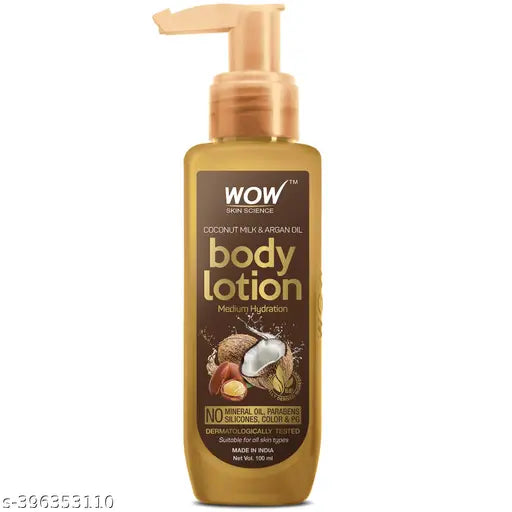 WOW Skin Science Coconut Milk and Argan Oil Body Lotion - Medium Hydration - No Mineral Oil, Parabens, Silicones, Color & PG - 100mL