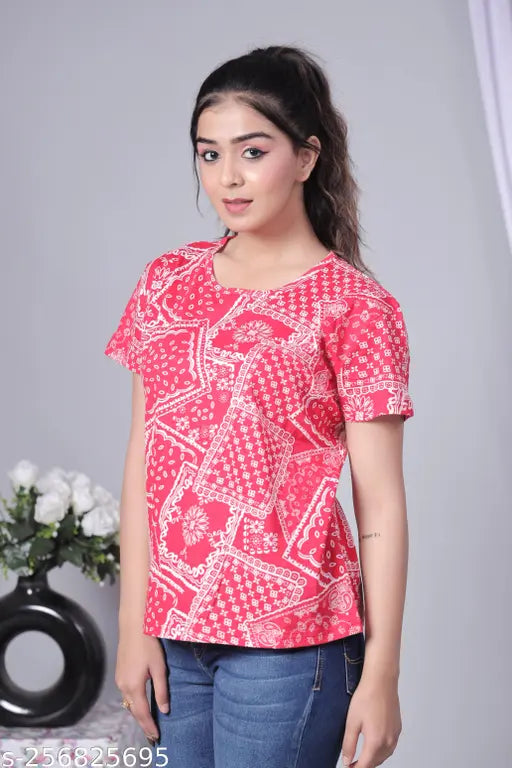 100% COTTON RED PATCH PRINTED T-SHIRT FOR WOMEN AND GIRLS