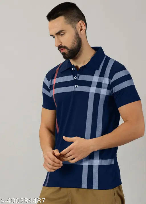 AOOSH Men's Engineered Stripes Regular Polo Midnight Navy Tshirts