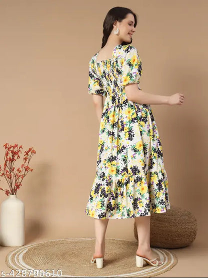 Vibrant Floral Ruffle Sleeve Midi Dress | Women's Summer Elegance | Effortless Style