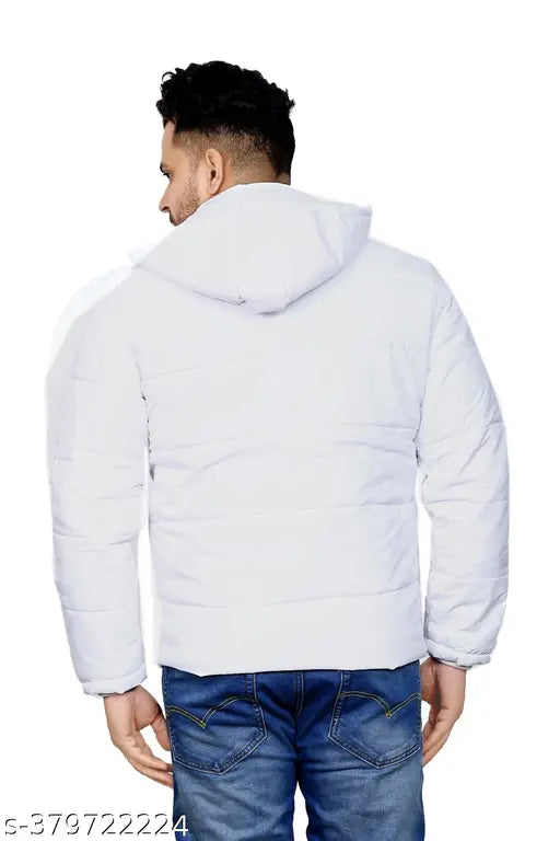 YAQR Men's Solid Olive Color Jackets Men Quilted Jackets Men's Hooded Jacket's White Safed