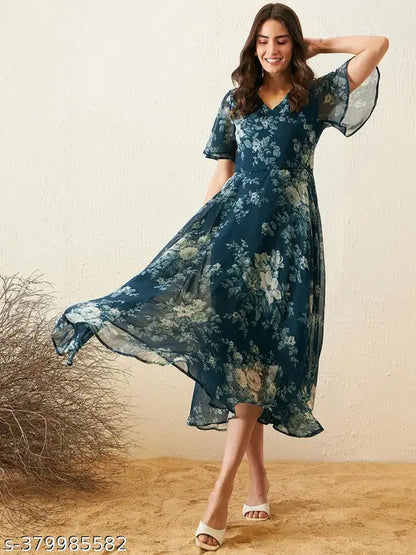 Rare Women Casual Teal Blue Colour Maxi Floral Dress