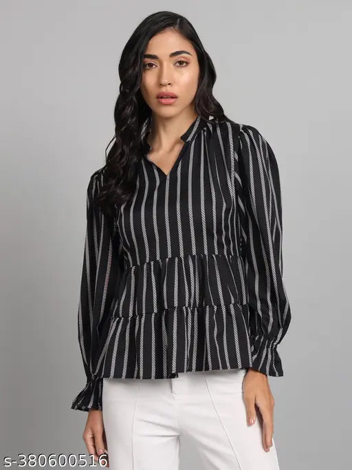 The Dry State Black Striped Puff Sleeve Wrap Top