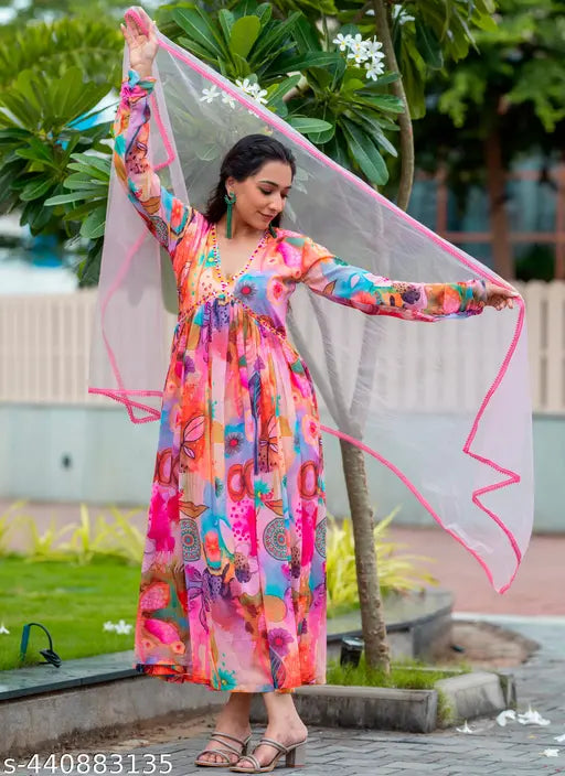 ||Pink alia-cut gown with dupatta for women party wear || Pink gown with dupatta dress || party wear latest gowns for women || latest gown design ||gown for women wedding party|| long dress for women|| long gown for women||