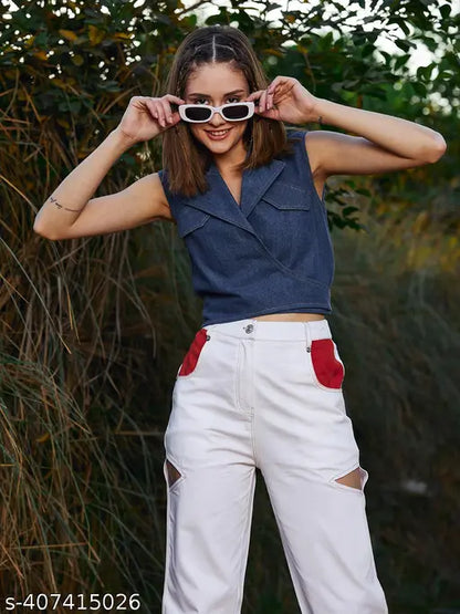 PoshberyBlue Lapel Collar Denim Crop Top