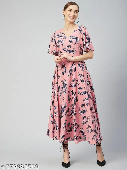 Rare Women Casual Peach Colour Maxi Floral Dress