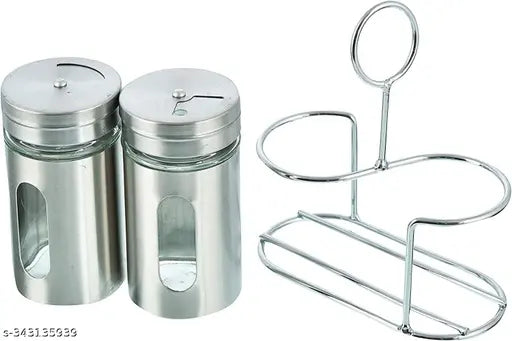 Spice Jar Stainless Steel & Glass With Holder Stand (Set of 2)