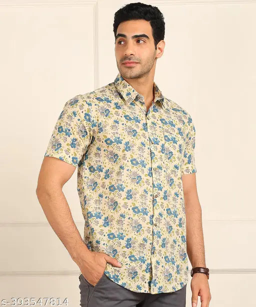 Xenor Men's Floral Spread Collar Yellow Shirts