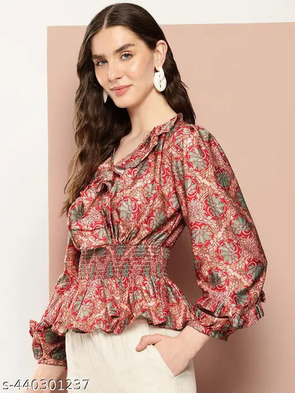 Casual Puff Sleeves Floral Print Women Red Top