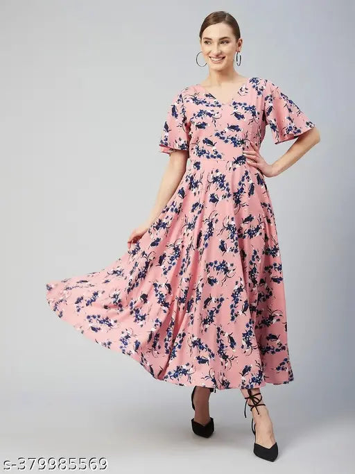 Rare Women Casual Peach Colour Maxi Floral Dress