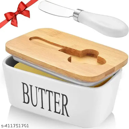 Ceramic Butter Dish with Wooden Lid, Large Butter Container Keeper Storage Plate with Steal Butter Knife, Bamboo Cover and Silicone Sealing Ring for West East Coast Butter, White, 1 piece