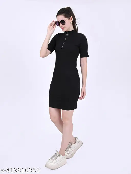 NoBarr Women's Polyester Short Sleeves High Neck Zip Detail Ribbed Sheath Mini Black Dress