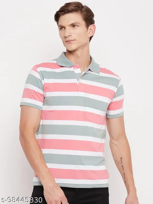 First Krush Men's Half Sleeve Polo Neck Striper T-shirt