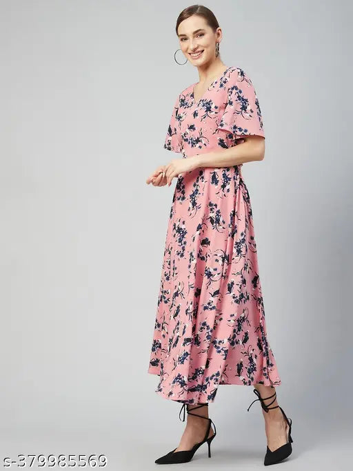 Rare Women Casual Peach Colour Maxi Floral Dress