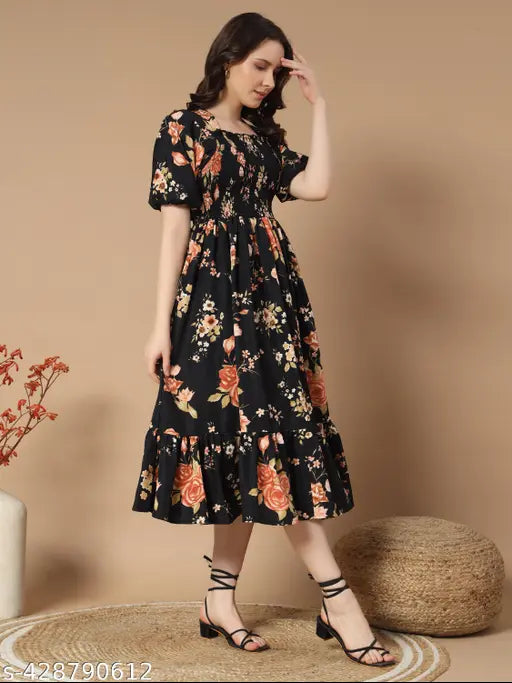 Vibrant Floral Ruffle Sleeve Midi Dress | Women's Summer Elegance | Effortless Style