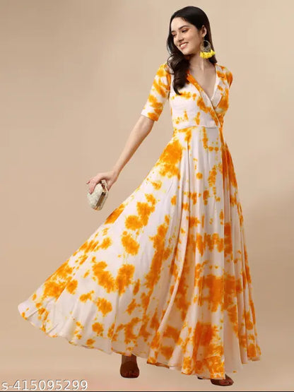 Yellow Pure Rayon Tie-Die Print Gown