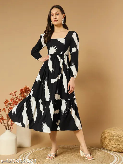 Women's Midi Dress | Brush Print Dress | Smocked Finish Dress | Elegant Women's Dress | Versatile Midi Dress | Stylish and Comfortable Dress | Sophisticated Women's Fashion | Fashionable Midi Dress for Every Occasion