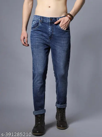 High Star Men Straight Fit Clean Look Whiskers and Chevrons Mid-Rise Stretchable Jeans