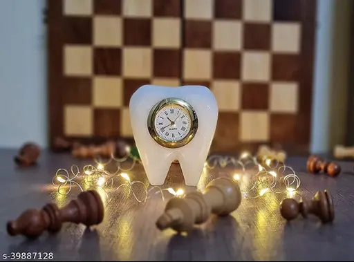 LAXMI MARBLE & GRANITE | Tooth Shape Dentist Desk Marbel Table Clock for Decor and Paper Weight, Ideal Gift for Dentists and Doctors