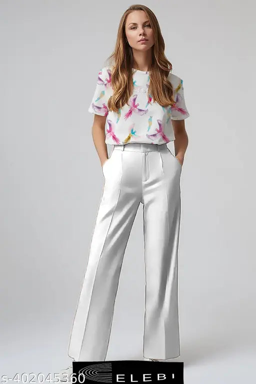 "Stylish Polyester Lycra Top & Bottom Set: Digital Printed T-Shirt + Pocket-Free Trouser for Girl & Women"