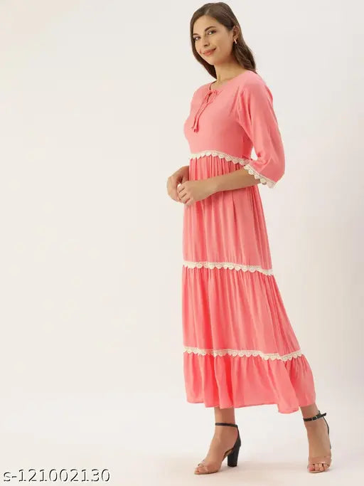 THE DRY STATE Women's Solid Tie-up Neck Peach Dresses