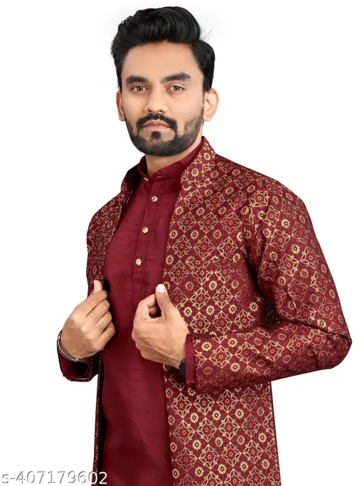 Zarak Fashion Men's Regular Full Sleeve Mandarin Collar Kurta Pajama with Sleeveless Jacket