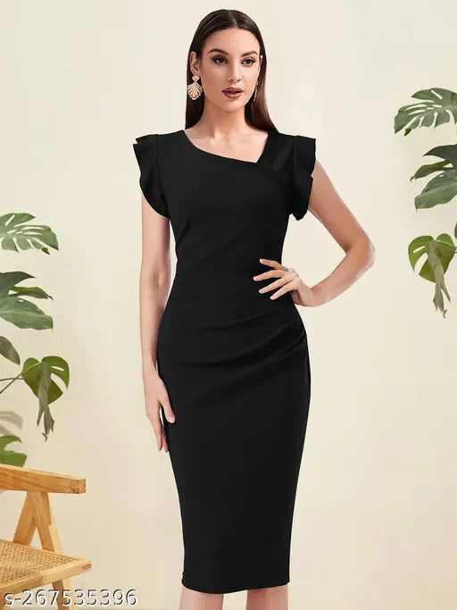 Women & Girl's Cap Sleeve Asymmetrical Neck Bodycon Dress