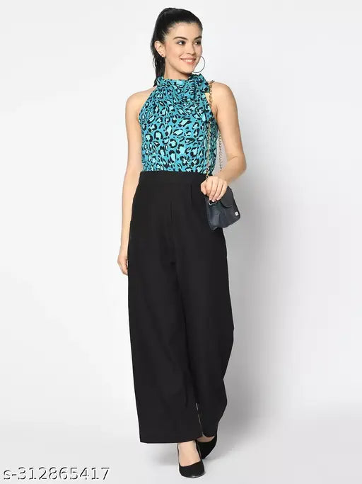 Women Blue & Black Printed Basic Jumpsuit