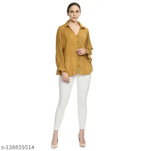 ADM DESIGN Dobby Cotton Women Shirt with Stylish Sleeves Color mustered Yellow.