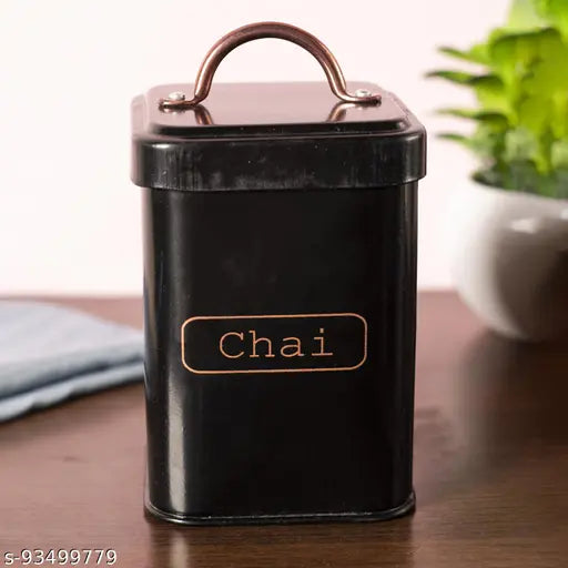 MARKET 99 VON CASA Chai Jar, Kitchen Decor, Airtight, Countertop Metal Storage Jar, Black, Mild Steel