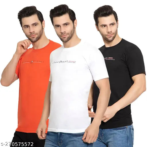 Zeffit Men's Printed Round Orange Tshirts Pack 3