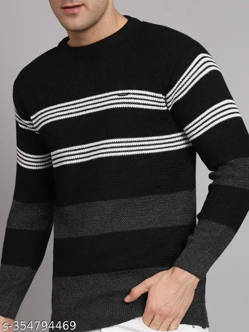 eWools Men Striped Round Neck Black Sweater(Black)