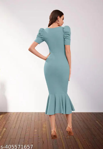 Women & Girl's Puff Sleeve Notch Neck Midi Bodycon Dress