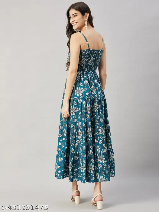 Women Floral Printed Tiered Blue Dress | Casual Flared Maxi Dress for Women |