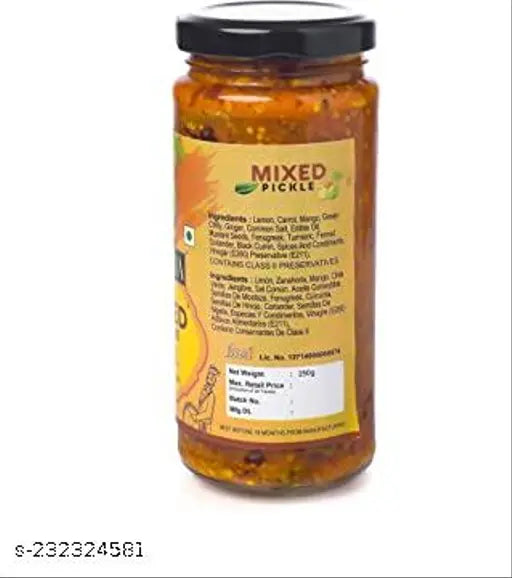 DELICASIA Gold Mixed Veg Pickle 250 gm Brand of SR's. DELICASIA GOLD Mixed Veg Pickle has become the taste of paradise, made with freshness of Lemon, Carrot, Mango, Ginger, Green & Red Chilly. This mixed pickle will take care of your health as well.