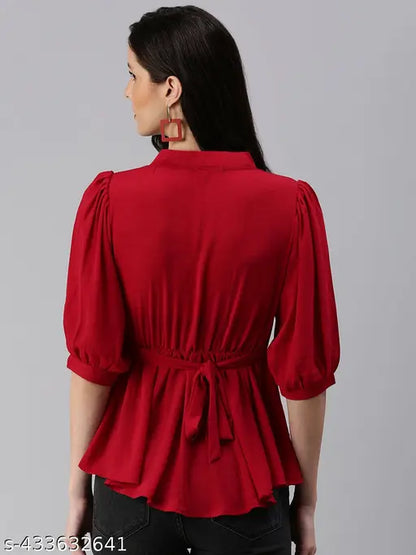 SHOWOFF Women's Solid V-Neck Red Peplum Top