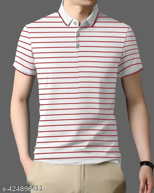 GARBLY Red colorblocked striped polo neck regular fit half sleeves tshirt