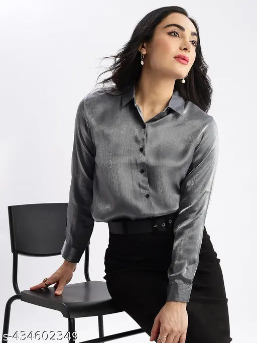 SHOWOFF Women's Grey Solid Spread Collar Slim Fit Shirt